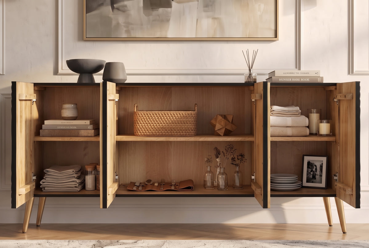 Sideboard AURUM 180cm textured front gold circle accent mango wood black gold metal feet