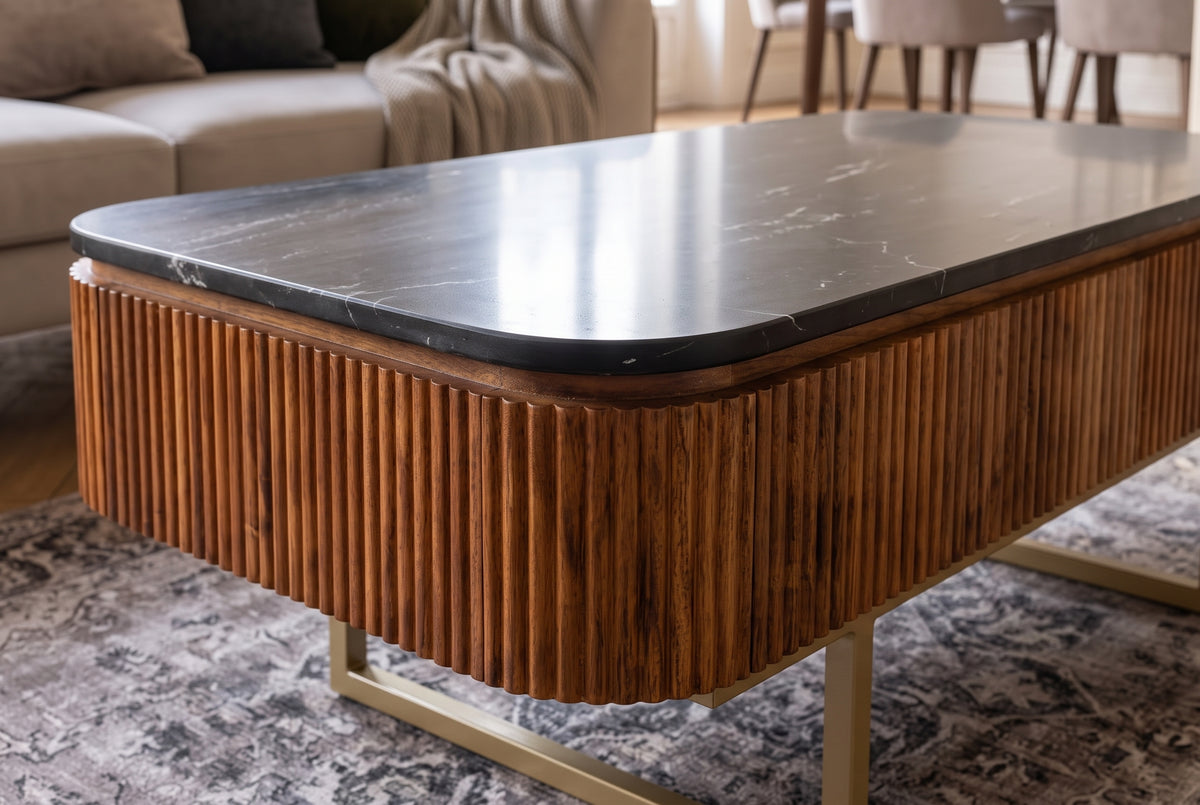 Couchtisch GATSBY 110cm Retro-Stil Mangoholz goldene Marmorplatte schwarz