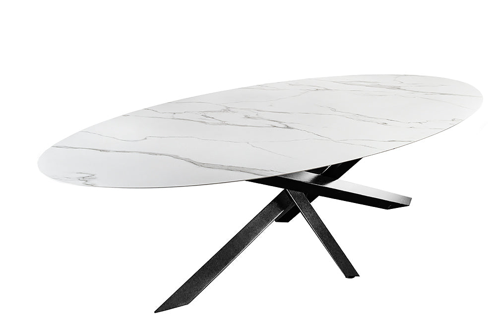 Dining table SCULPTURE 280cm oval frame black w/ ceramic top white marble look