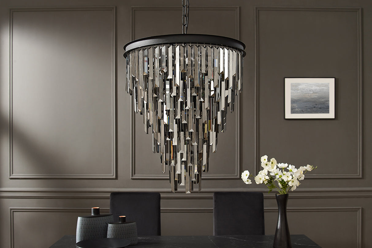 Chandelier CRYSTAL 50cm iron black glass prisms grey