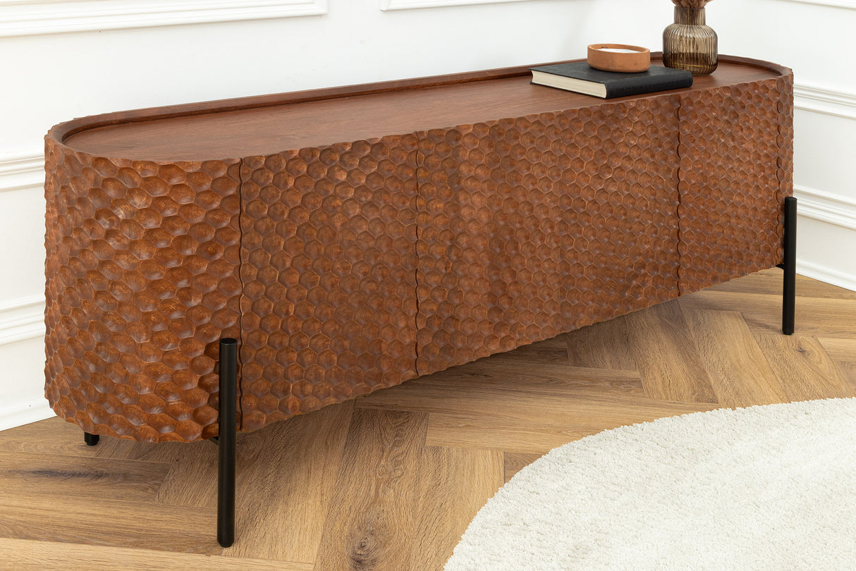 Sideboard ADLON 180cm 3D Mangoholz braun mit schwarzen Metallbeinen