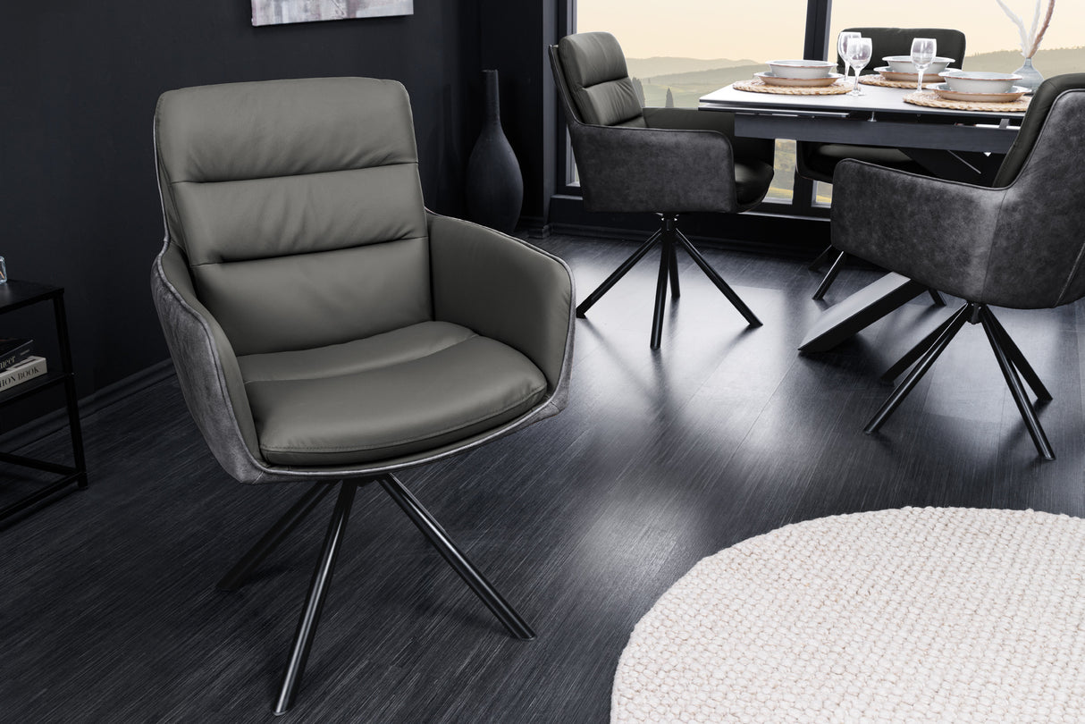 Swivel chair BIG GEORGE 360° with armrests genuine leather and microfibre grey