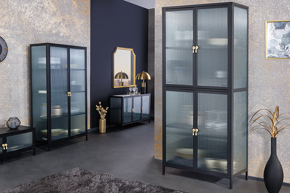 Display cabinet AMSTERDAM 180cm ribbed glass black