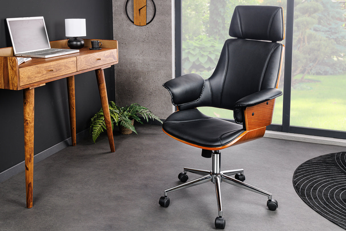 Office chair MANHATTAN 44-54cm rotatable artificial leather black and walnut wood
