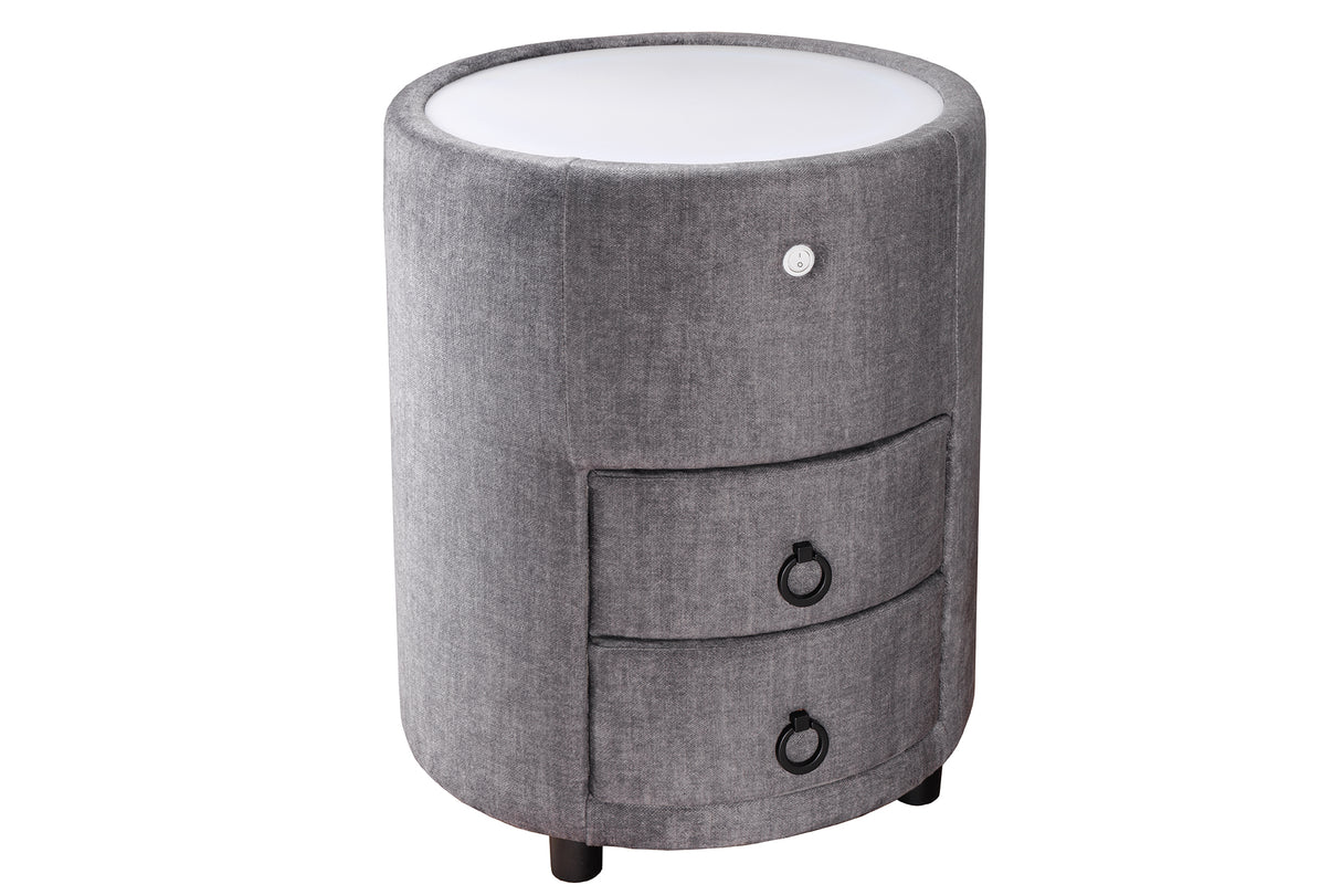 Bedside table SIGNUM round w/ LED light 55cm velvet grey