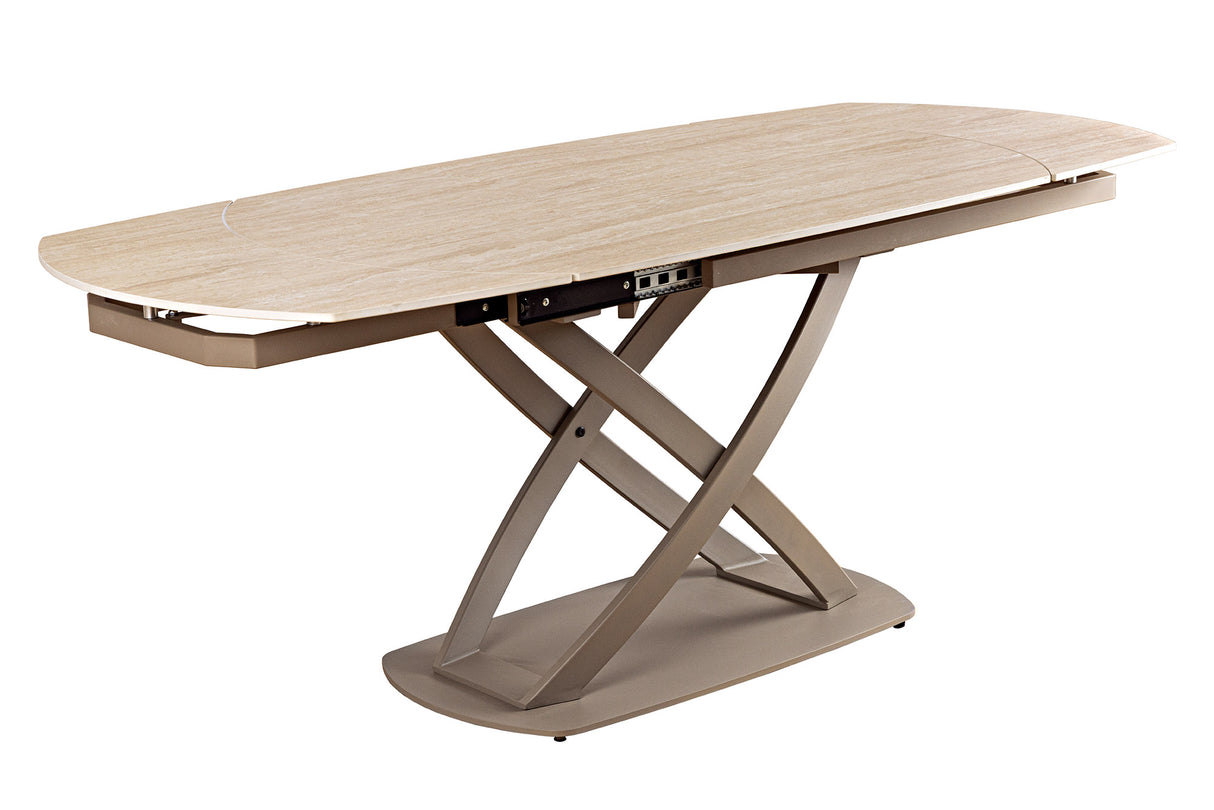Dining table INCEPTION 130-190cm extendable w/ champagne greige rack ceramic top travertine