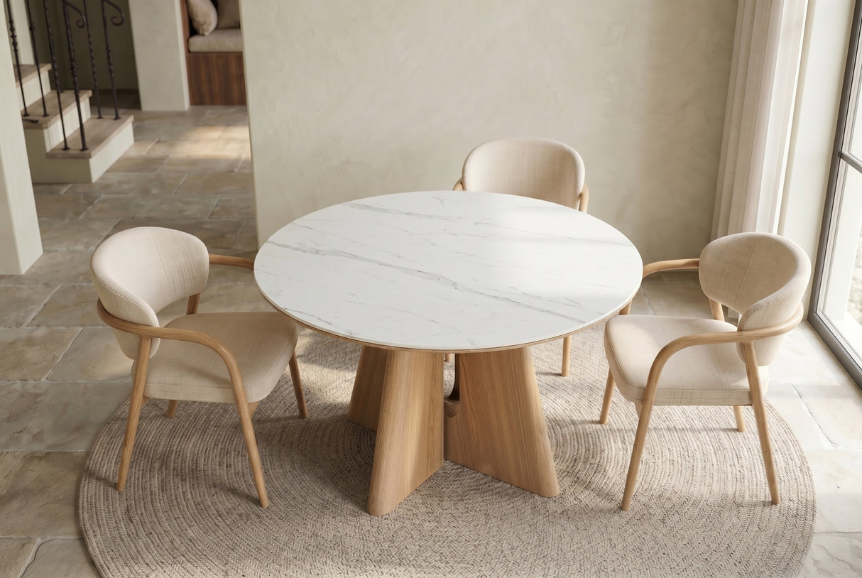 Dining table ORGANIKO 120cm round white marble ceramic top w/ oak wood look frame