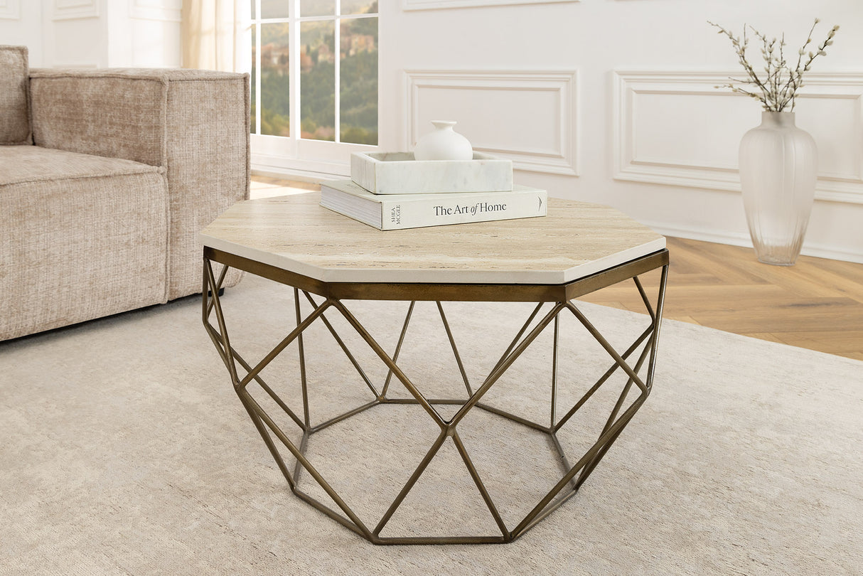 Couchtisch DIAMOND 70cm Gestell Eisen Messing Platte Travertin