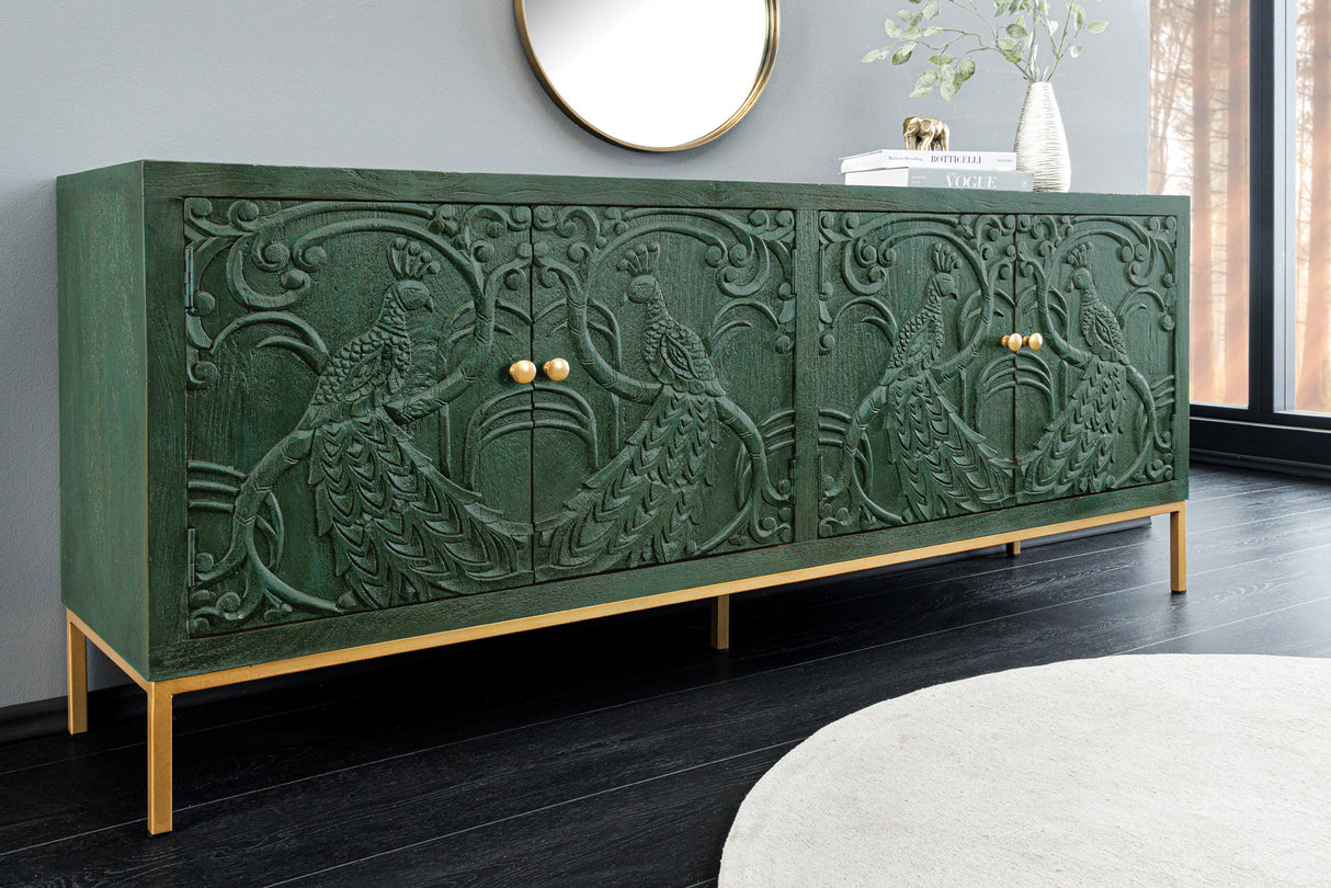 Sideboard PEACOCK 175cm 3D Mangoholz Antik-Look dunkelgrün gold handgefertigt