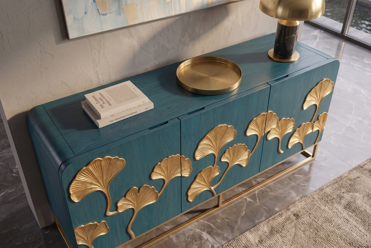 Sideboard GINKGO 160cm 3D ginkgo leaf front mango wood turquoise w/ gold metal frame