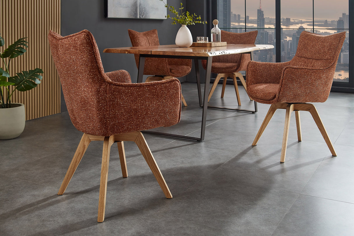 Drehstuhl VOGUE 360° mit Armlehnen Strukturstoff rostbraun mit Eichengestell natur