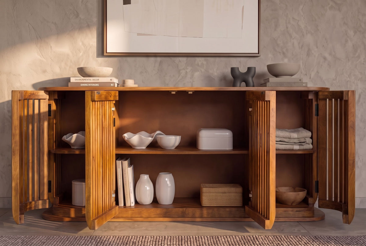 Sideboard SCULPTURA 170cm offene Lamellenfront abgerundete Kanten Mangoholz braun