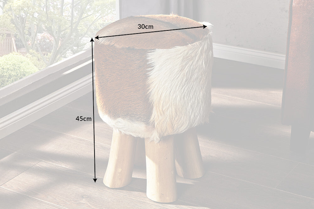 Hocker HIDE 45cm Ziegenleder und Teakholz braun weiß