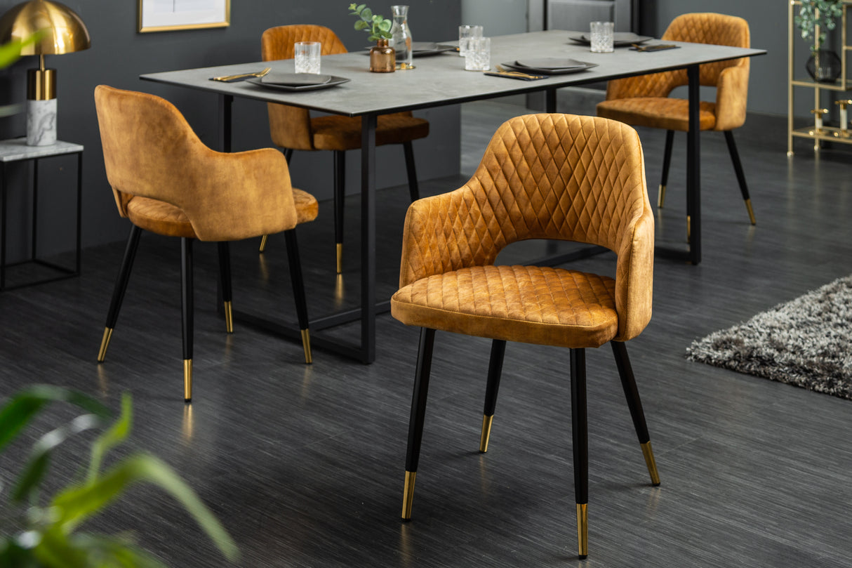Chair PARIS w/ armrests velvet with decorative quilting mustard yellow