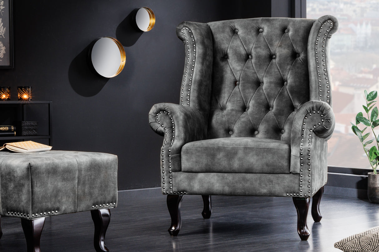 Ohrensessel CHESTERFIELD Antik-Look Samt grau