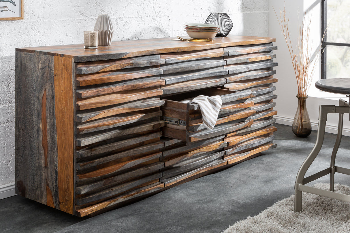 Sideboard RELIEF 160cm Sheesham Holz Rauchoptik