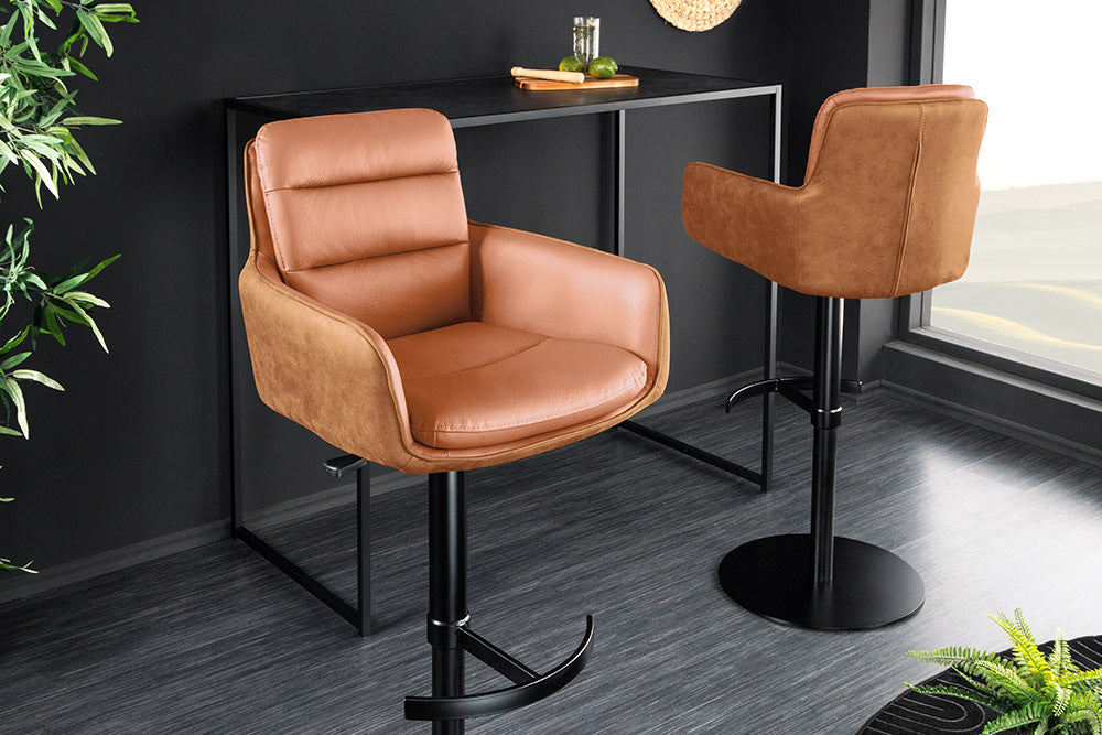 Bar stool BIG GEORGE w/ armrests microfibre leather cognac rotatable height adjustable