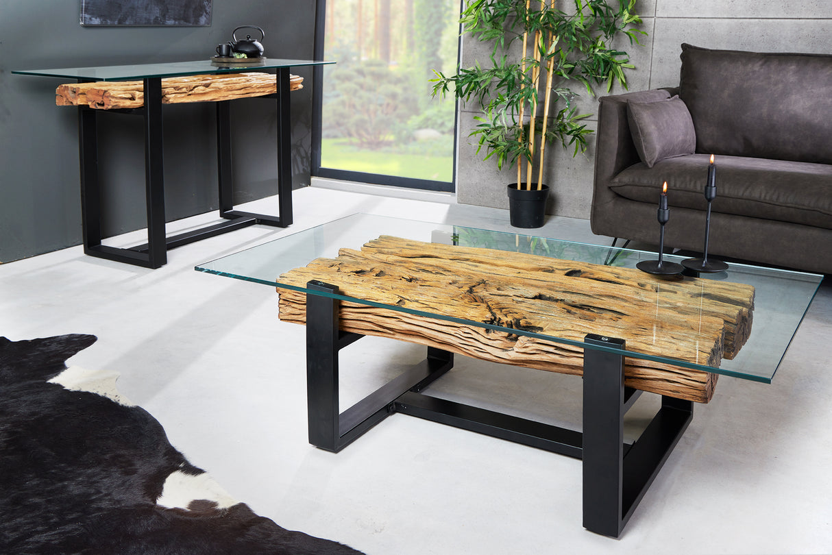Couchtisch BARRACUDA 130cm recyceltes Teakholz mit gehärteter Glasplatte