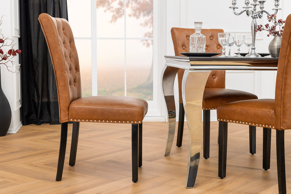 Chair CASTLE artificial leather cognac brown w/ quilting in chesterfield style