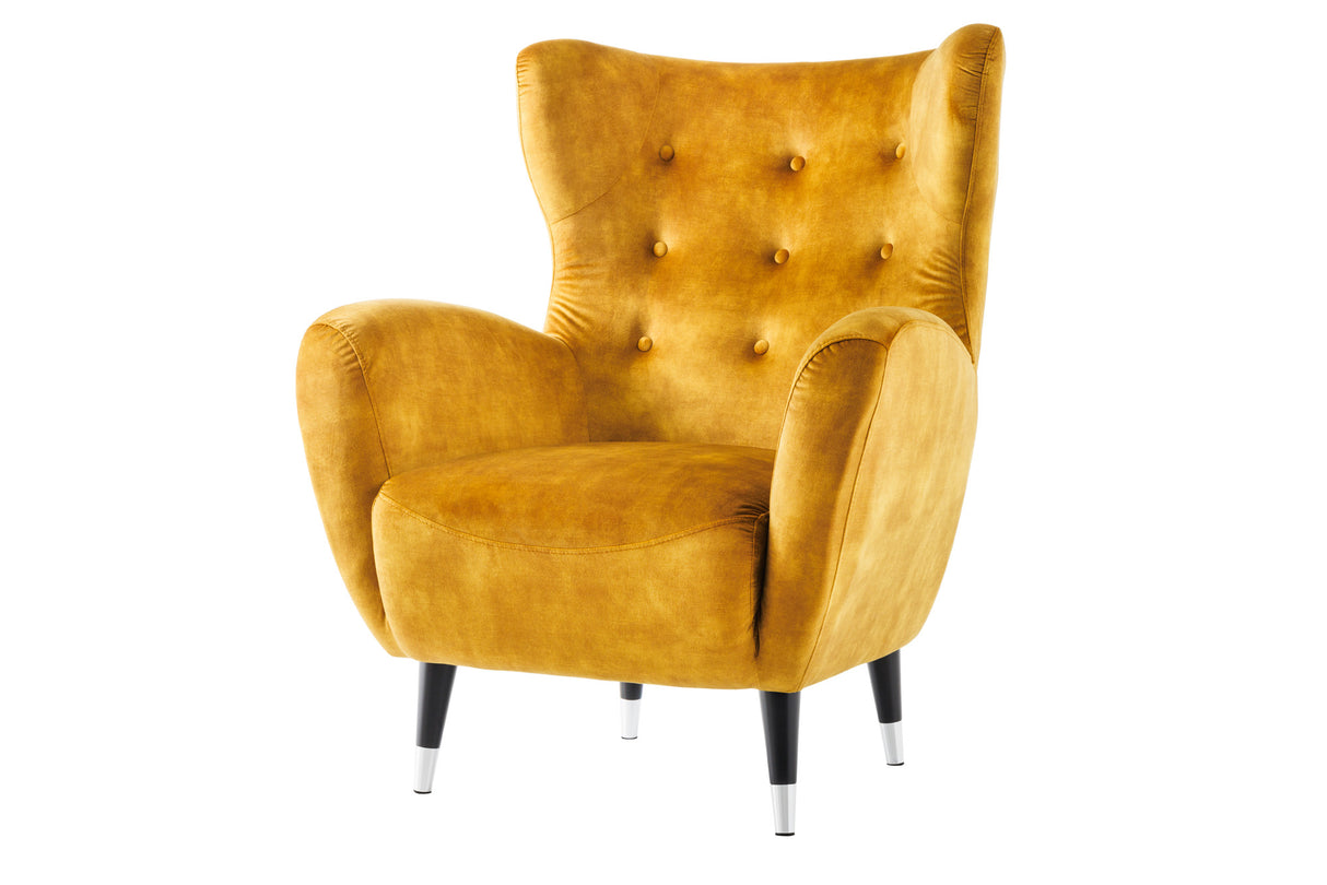 Ohrensessel DON mit silbernen Kappen Samt senfgelb