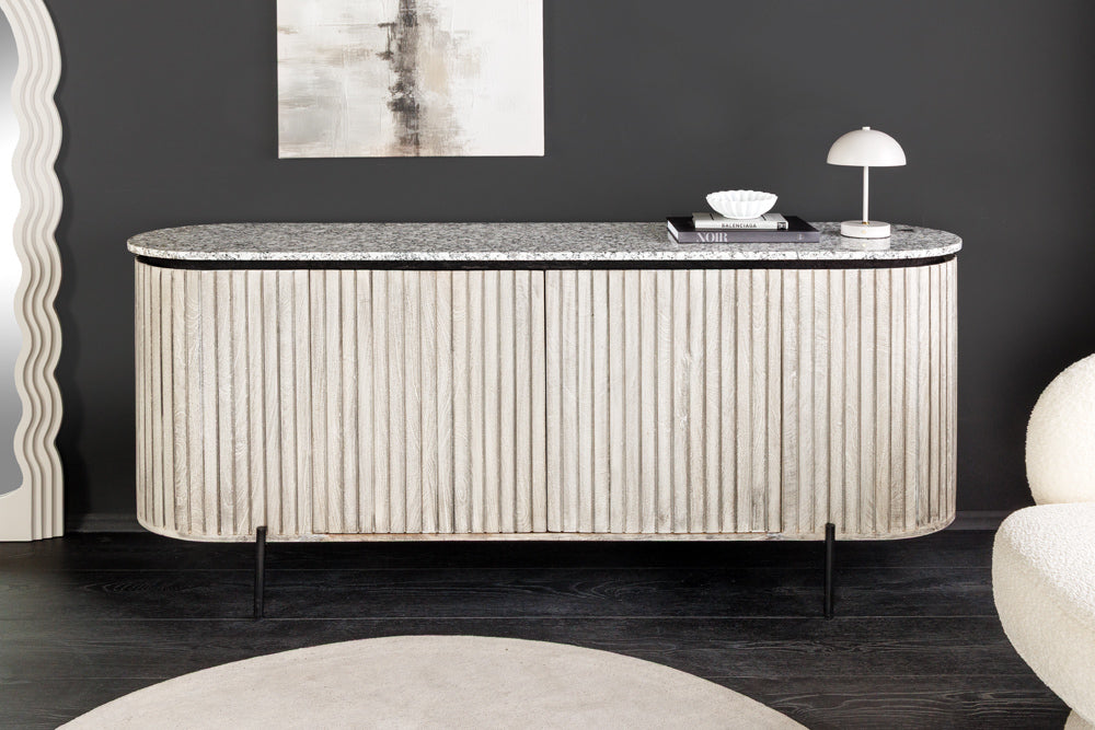 Sideboard ADLON 170cm mango wood grey w/ marble top white and black