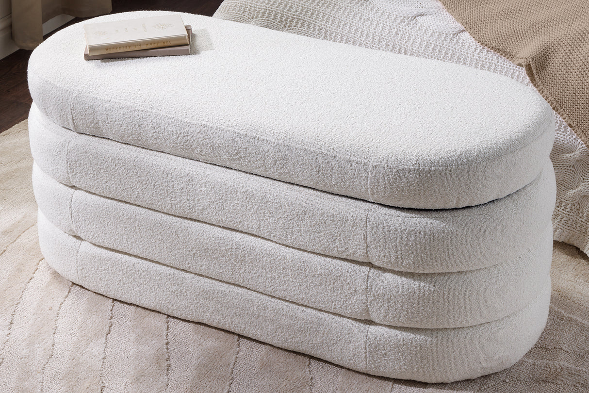 Bench chest VOQUE 115cm bouclé creamy white upholstered w/ storage space bench seat