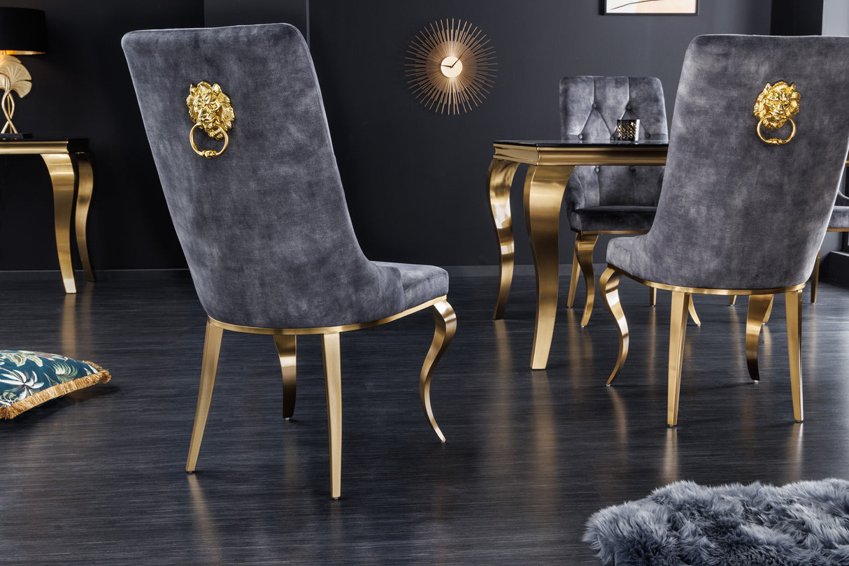Stuhl MODERN BAROCK mit goldenen Beinen und Löwenkopf Samt Grau