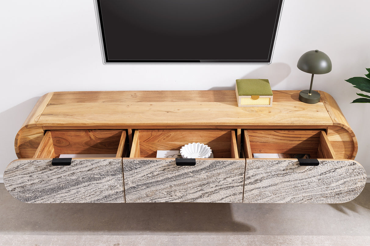 TV-Board ORGANIC 160cm hanging acacia wood natural w/ stone look front