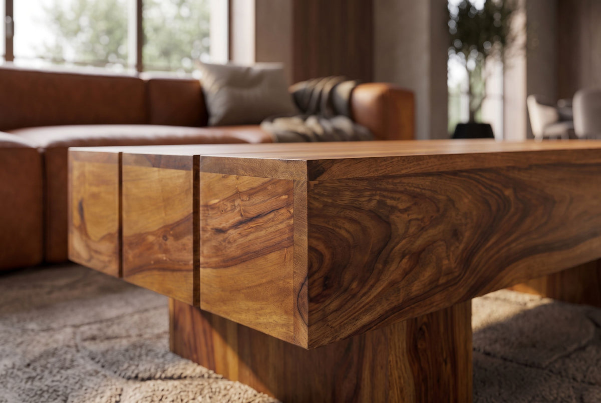 Coffee table BOLT 100cm sheesham wood brown stone finish