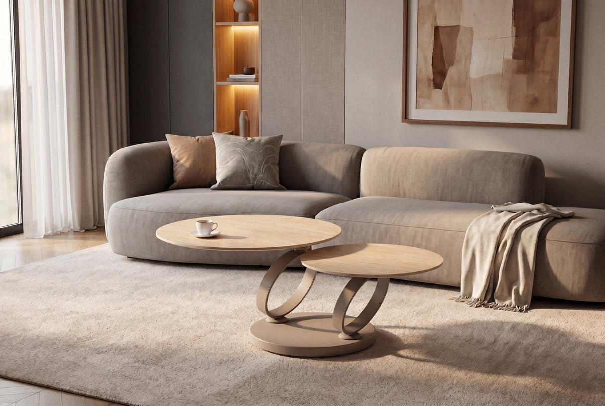 Coffee table DANCING RINGS round rotatable travertine ceramic champagne greige