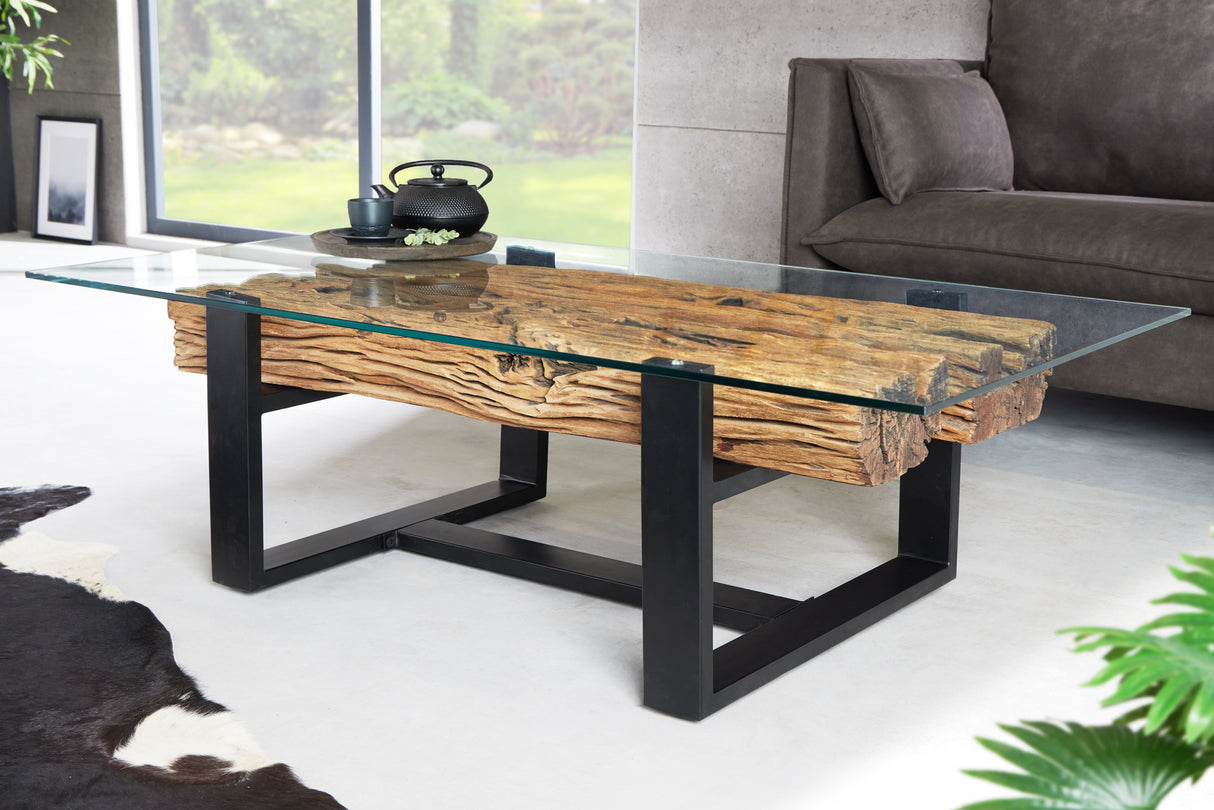 Couchtisch BARRACUDA 130cm recyceltes Teakholz mit gehärteter Glasplatte