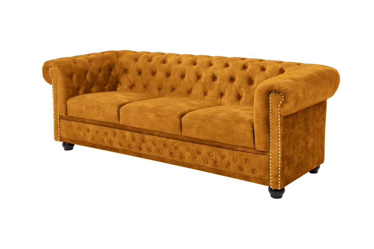 Sofa CHESTERFIELD 205cm spring core 3-seater velvet mustard yellow