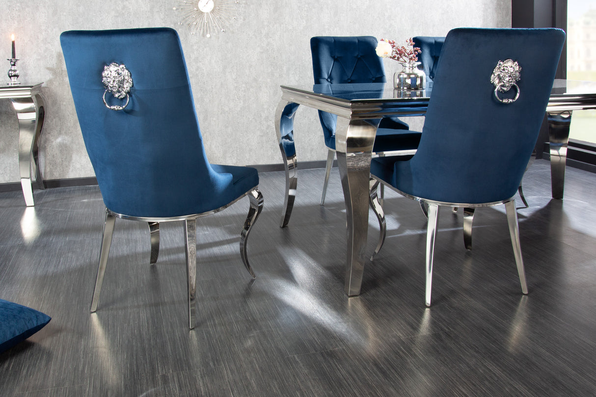 Chair MODERN BAROCK w/ silver legs and lion's head velvet royal blue