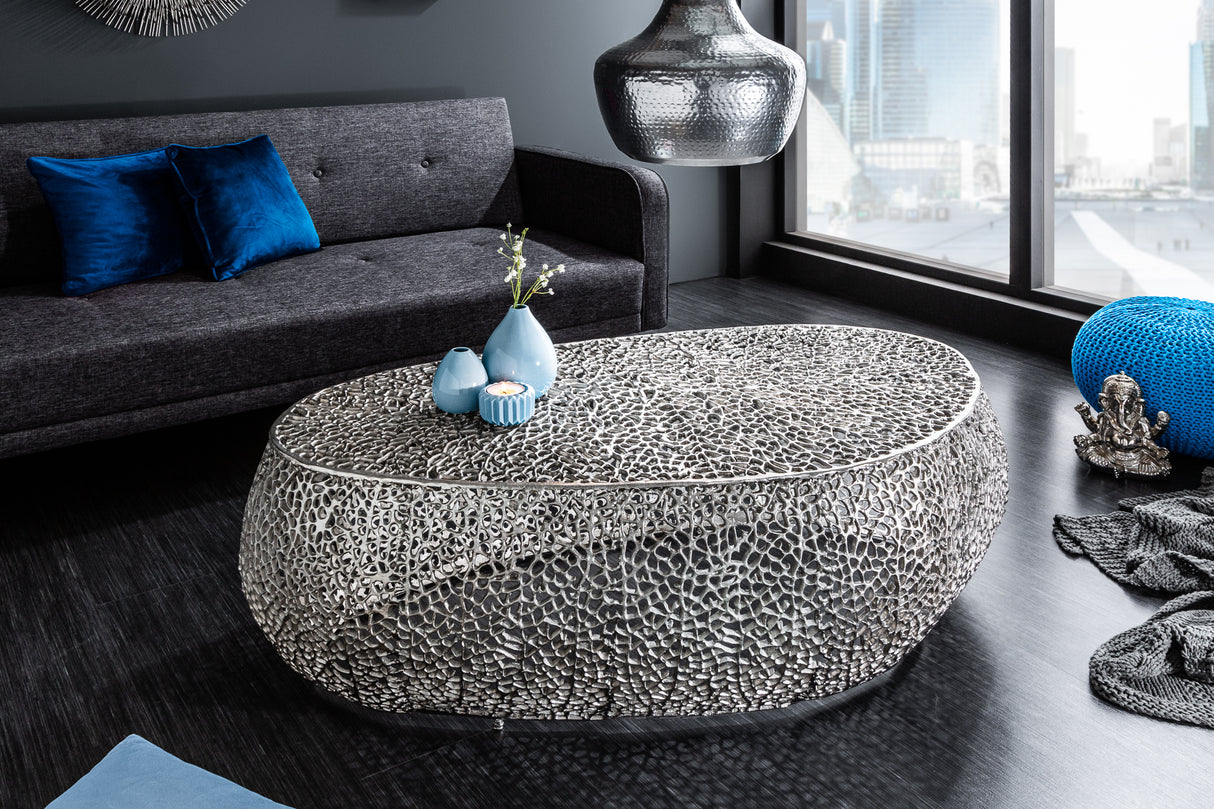 Coffee table LEAF 122cm metal silver handmade