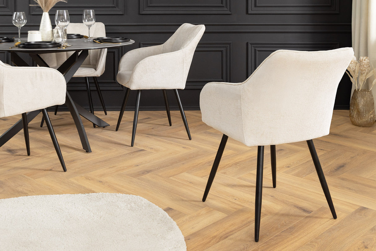 Drehstuhl AVIGNON 360° mit Armlehnen Chenillestoff champagnerbeige und schwarzen Beinen