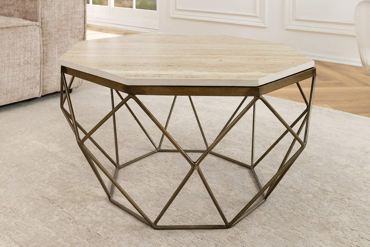 Couchtisch DIAMOND 70cm Gestell Eisen Messing Platte Travertin