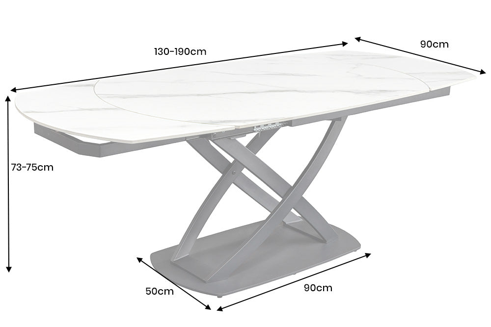 Dining table INCEPTION 130-190cm extendable oval ceramic top white marble look
