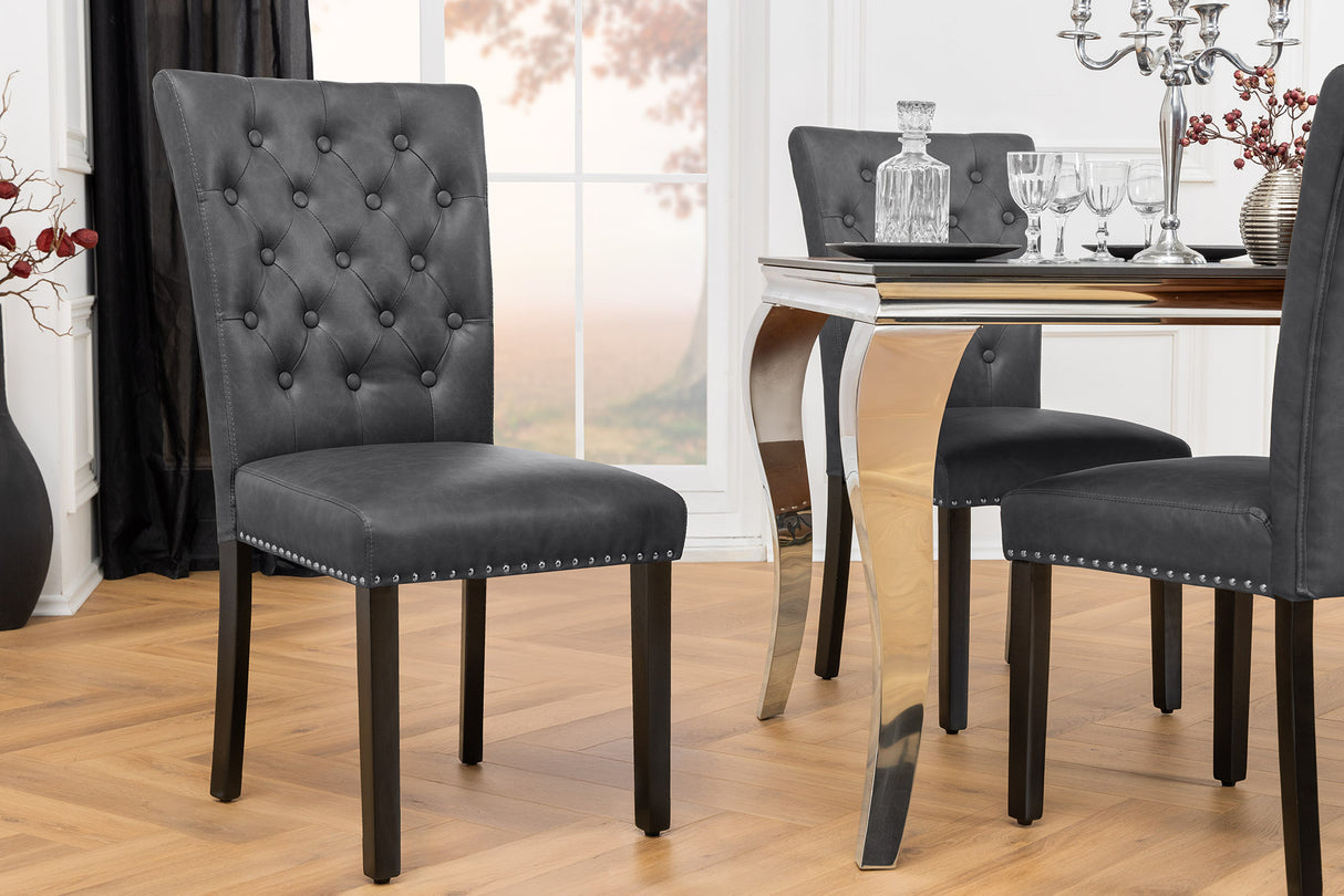 Chair CASTLE artificial leather vintage black w/ quilting in chesterfield style