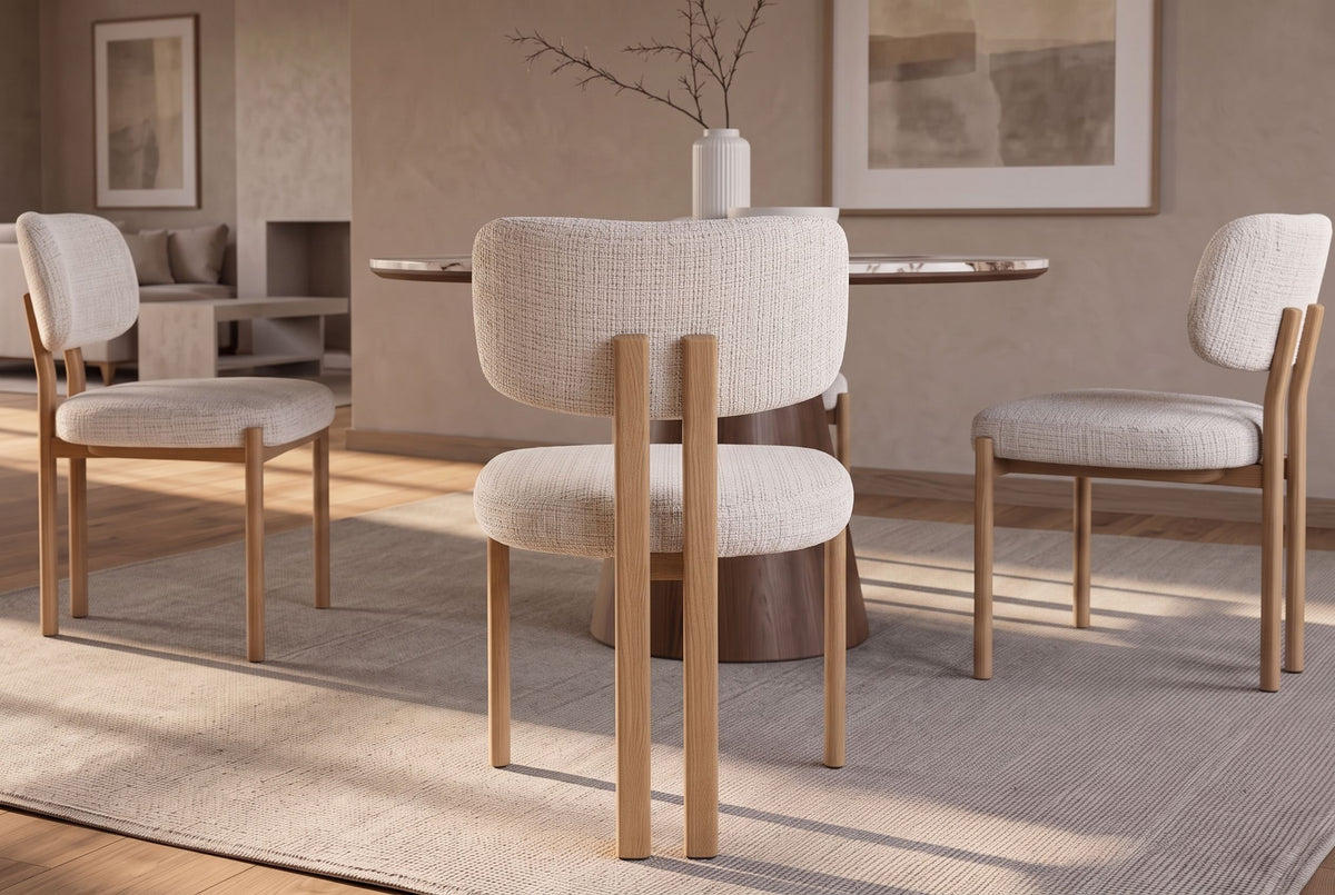 Stuhl BELLANO Chenille creme beige mit eichefarbenen Metallbeinen