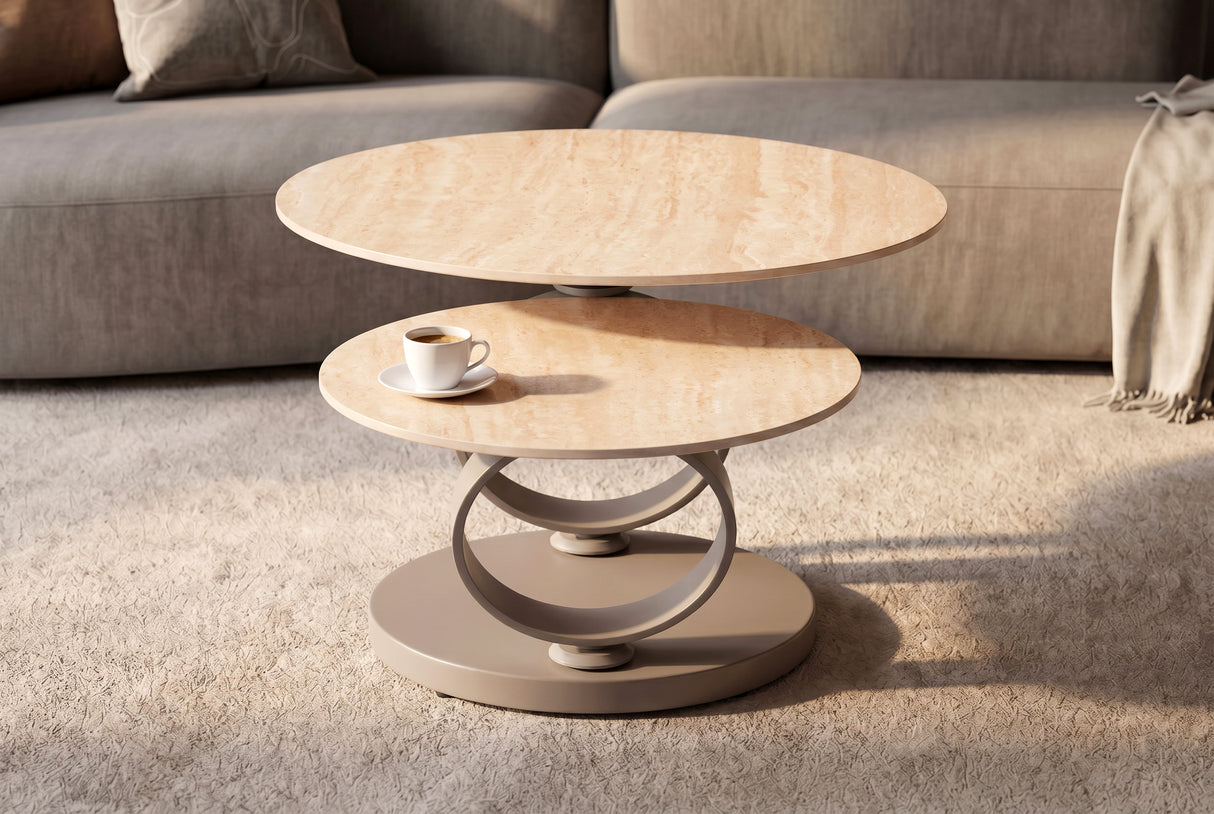 Coffee table DANCING RINGS round rotatable travertine ceramic champagne greige
