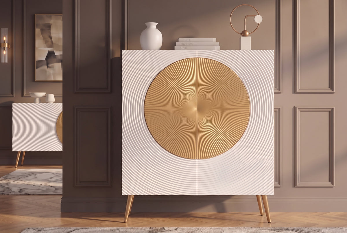 Highboard AURUM 120cm textured front gold circle accent mango wood white gold metal feet