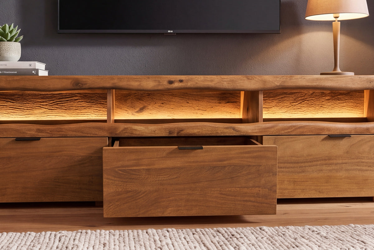 TV-Board GRAND MANGO 180cm mango wood brown w/ remote-controlled LED light