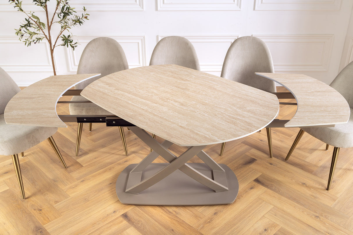 Dining table INCEPTION 130-190cm extendable w/ champagne greige rack ceramic top travertine