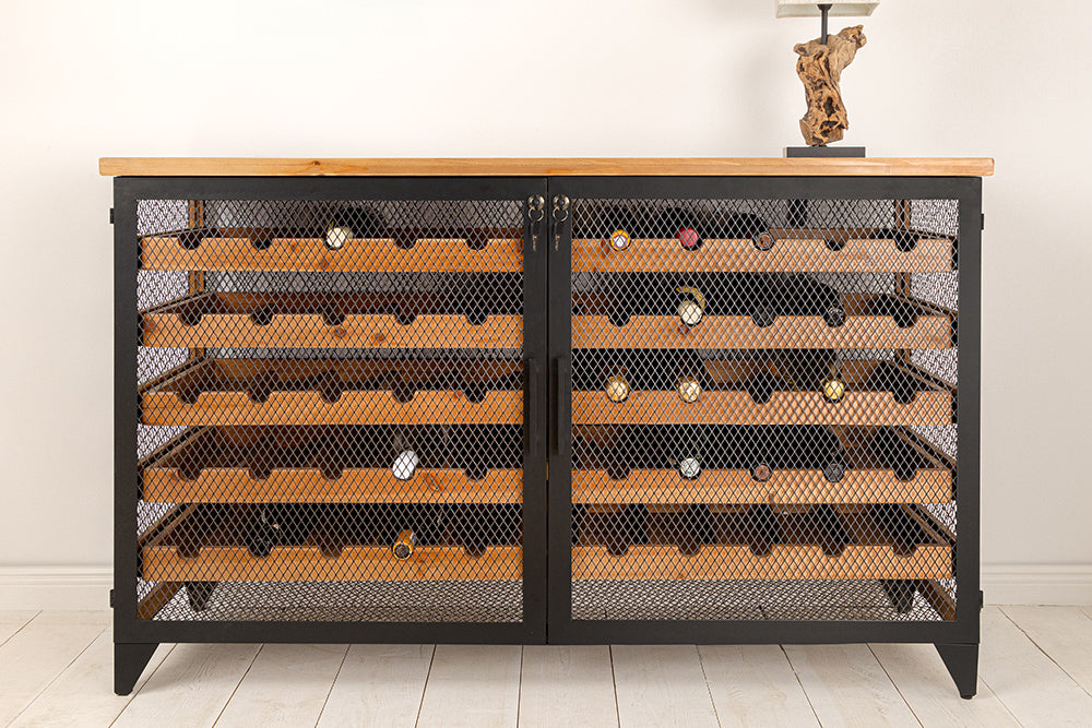 Weinschrank BODEGA 130cm für 55 Flaschen Tannenholz natur mit schwarzem Metallrahmen
