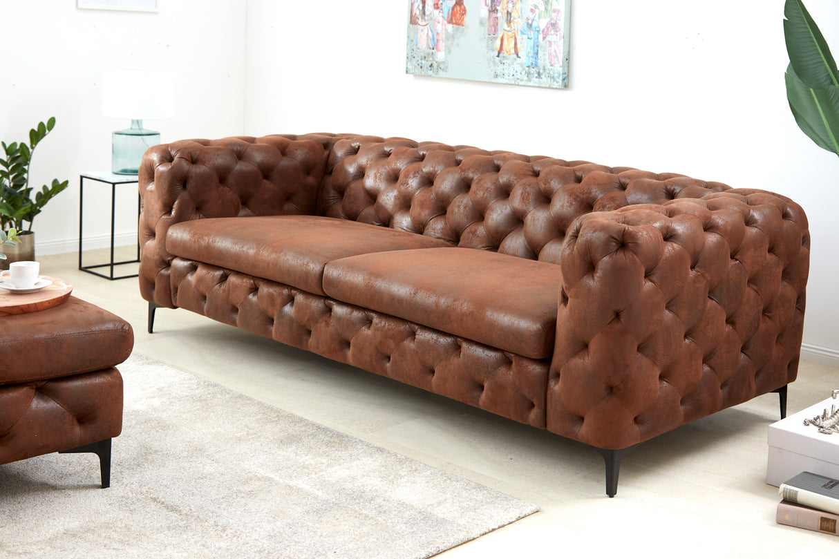Sofa MODERN BAROCK 240cm 3-seater microfibre antique brown in chesterfield style