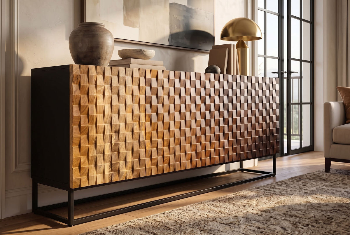 Sideboard SHADES 180cm 3D-Front Mangoholz mehrfarbig braun mit schwarzem Metallgestell