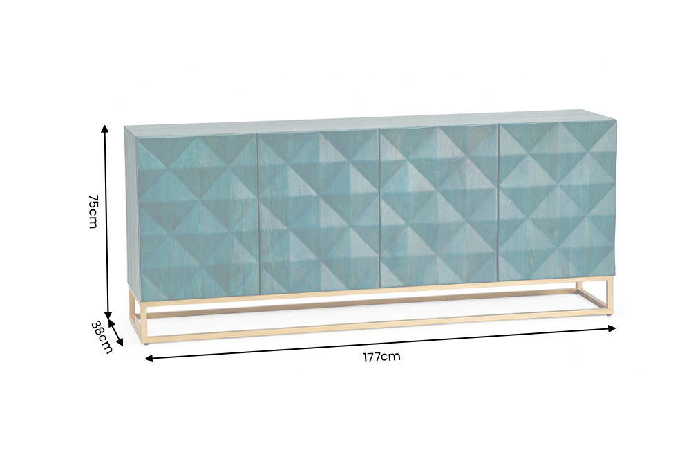 Sideboard VULCANO 180cm 3D front mango wood turquoise w/ gold metal frame