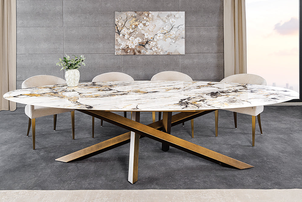 Esstisch SCULPTURE 280cm ovales Bronzegestell mit Keramikplatte mehrfarbige Marmoroptik