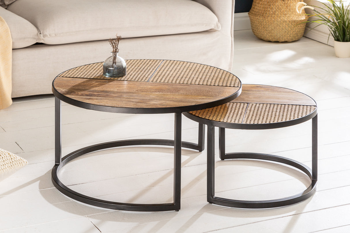 Coffee table VIENNA LOUNGE round set of 2 mango and rattan