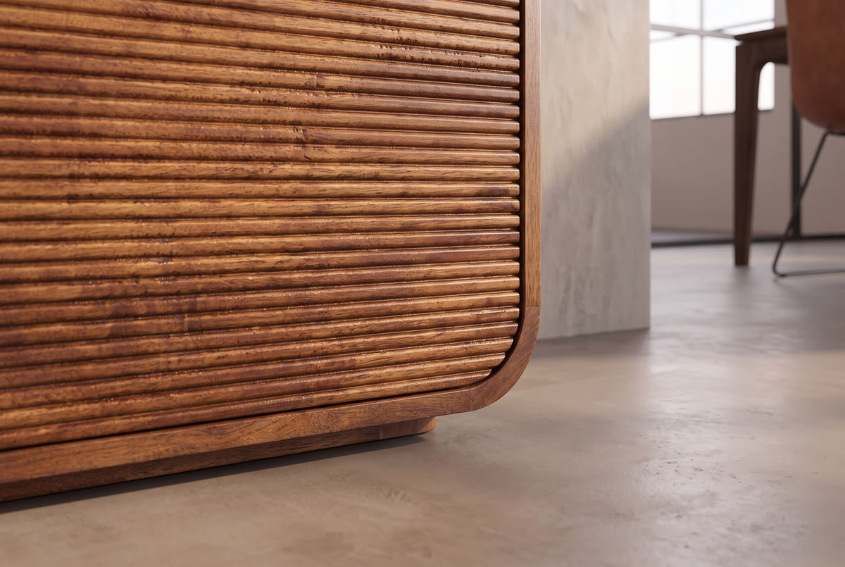 Highboard MONZA 120cm fluted front rounded edges mango wood brown w/ gold details
